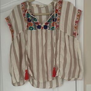 THML Tan Graphic Tie Front Blouse